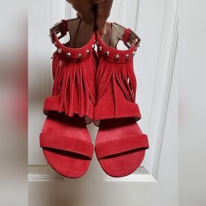 Michael Kors Red Suede Fringe Ankle Strap Sandals